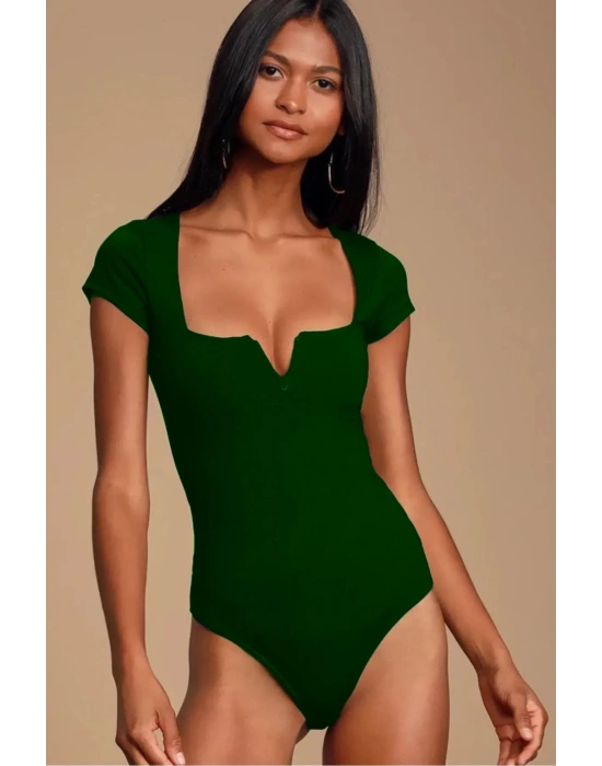 MetuCa Kadın Yeşil V Detaylı Kare Yaka Kısa Kollu Jarse Kumaş Tanga Kesim Bodysuit Zıbın