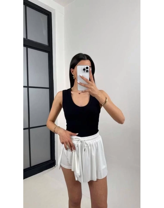 bysoca Kadın Beyaz Yüksek Bel Lastikli Pileli Etek Görünümlü İçi Şortlu Spor Tenis Skort