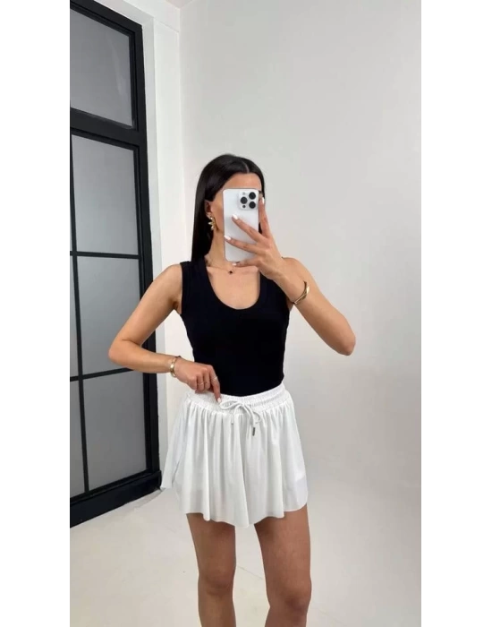 bysoca Kadın Beyaz Yüksek Bel Lastikli Pileli Etek Görünümlü İçi Şortlu Spor Tenis Skort