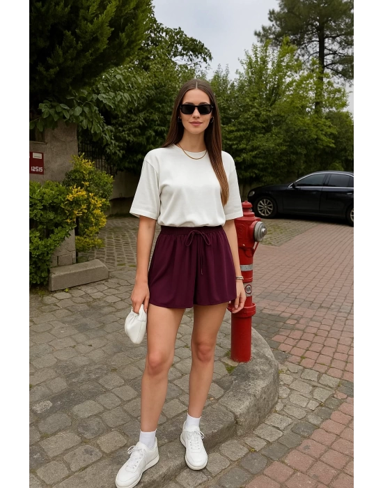 bysoca Kadın Bordo Yüksek Bel Lastikli Pileli Etek Görünümlü İçi Şortlu Spor Tenis Skort