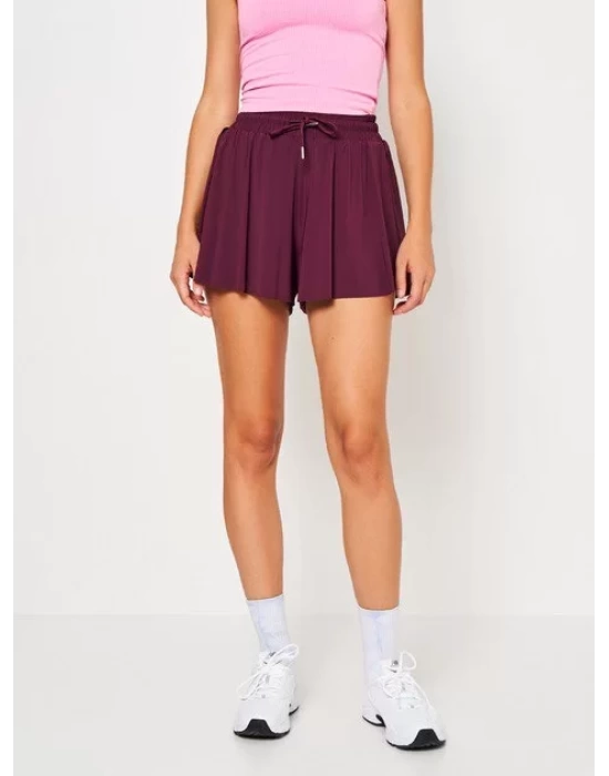 bysoca Kadın Bordo Yüksek Bel Lastikli Pileli Etek Görünümlü İçi Şortlu Spor Tenis Skort