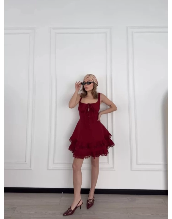 Mini Askılı Elbise - Bordo