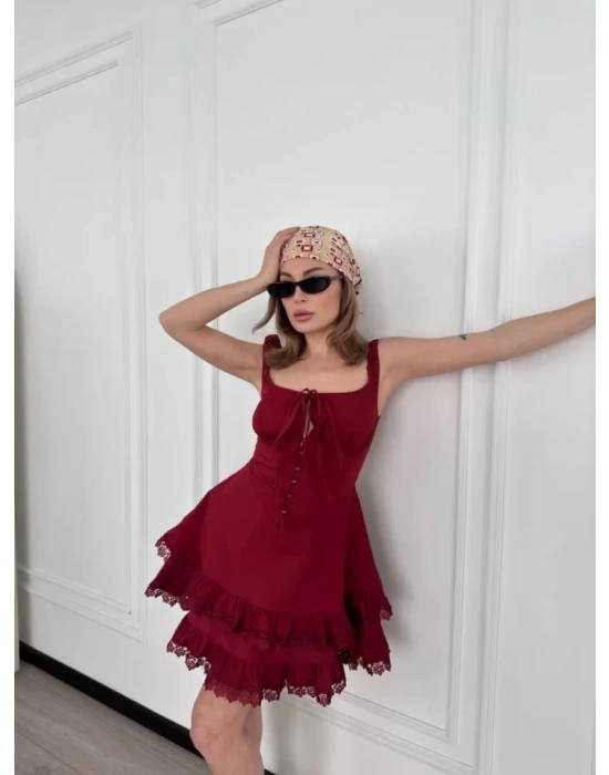 Mini Askılı Elbise - Bordo