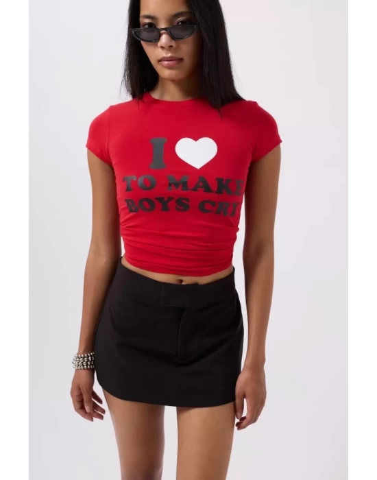 Nakış Detay Baskılı Crop T-Shirt