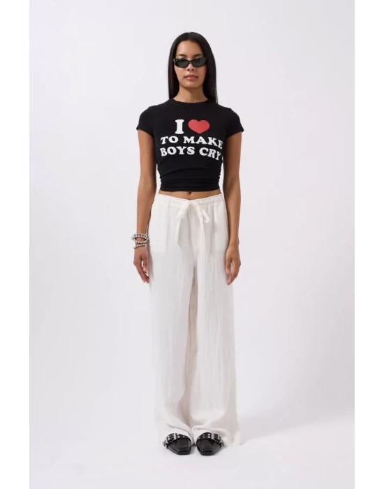 Nakış Detay Baskılı Crop T-Shirt