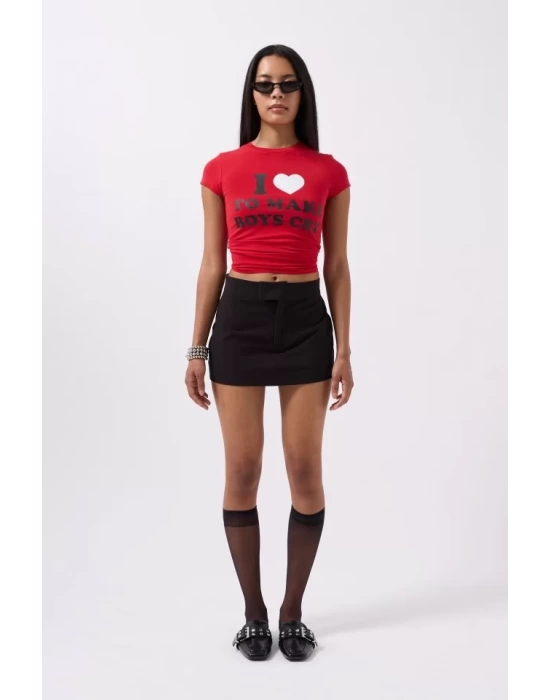 Nakış Detay Baskılı Crop T-Shirt