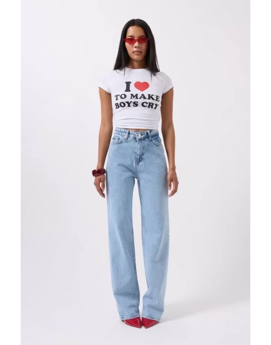 Nakış Detay Baskılı Crop T-Shirt