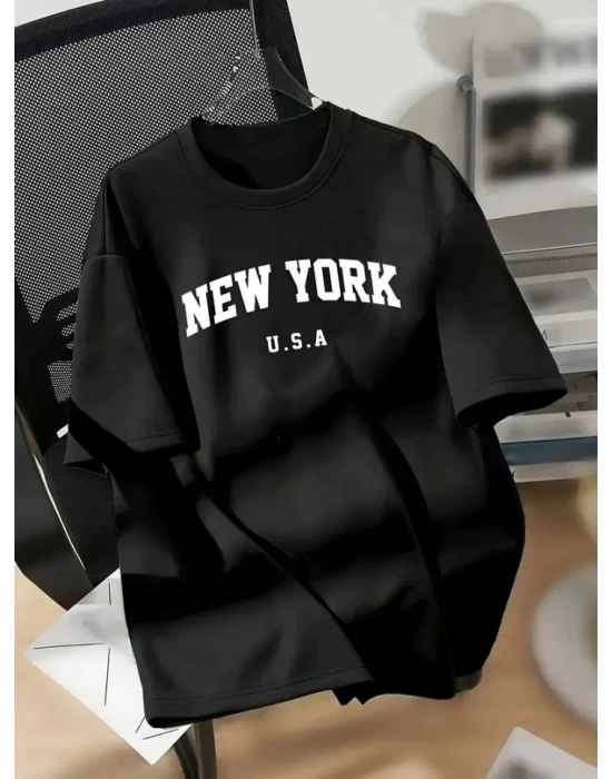 New York Baskılı Oversize Bisiklet Yaka T-shirt - Siyah