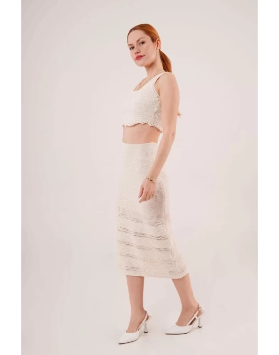Örme Detaylı Etek Ve Bluz Krem Takım