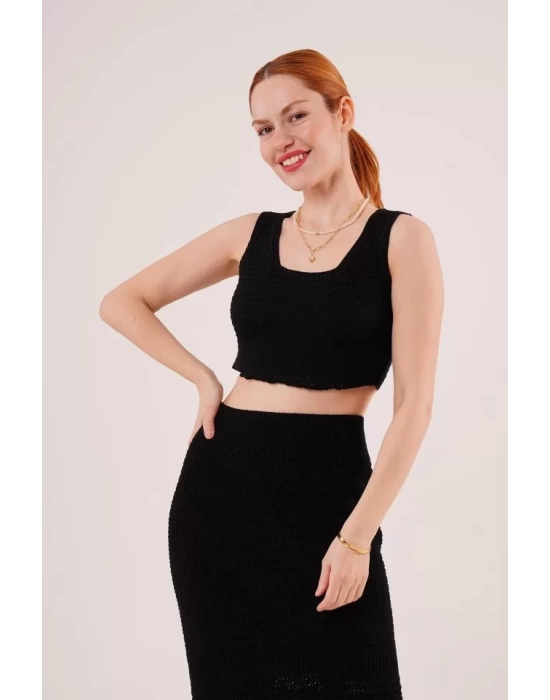 Örme Detaylı Etek Ve Bluz Siyah Takım