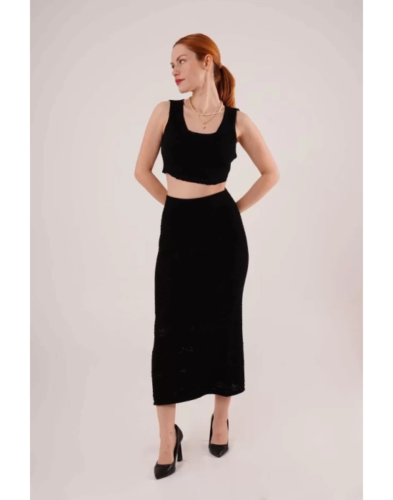 Örme Detaylı Etek Ve Bluz Siyah Takım