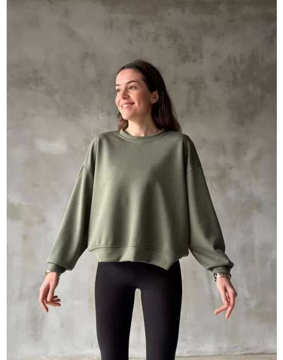 Osy Modal Yumuşak Dokulu Kumaş Bisiklet Yaka Oversize Sweatshirt - Haki