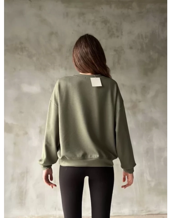 Osy Modal Yumuşak Dokulu Kumaş Bisiklet Yaka Oversize Sweatshirt - Haki
