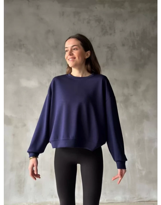 Osy Modal Yumuşak Dokulu Kumaş Bisiklet Yaka Oversize Sweatshirt - Lacivert