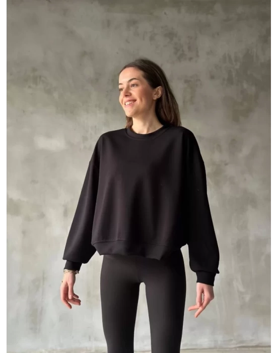 Osy Modal Yumuşak Dokulu Kumaş Bisiklet Yaka Oversize Sweatshirt - Siyah
