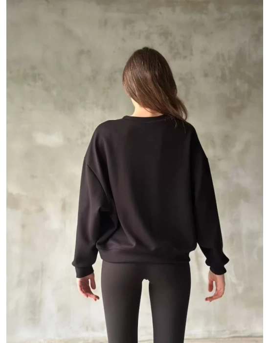 Osy Modal Yumuşak Dokulu Kumaş Bisiklet Yaka Oversize Sweatshirt - Siyah