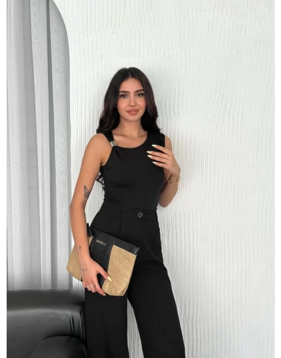 Osy Modal Yumuşak Dokulu Kumaş Bisiklet Yaka Sıfır Kol Bluz Omuz Toka Aksesuar Detaylı - Siyah