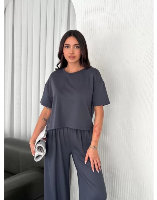 Osy Modal Yumuşak Dokulu Kumaş Bisiklet Yaka T-shirt Bol Paça Pantalon Ikili Takım -Antrasit
