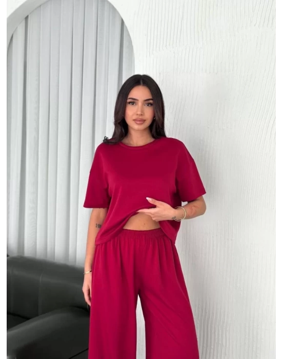 Osy Modal Yumuşak Dokulu Kumaş Bisiklet Yaka T-shirt Bol Paça Pantalon Ikili Takım -Bordo