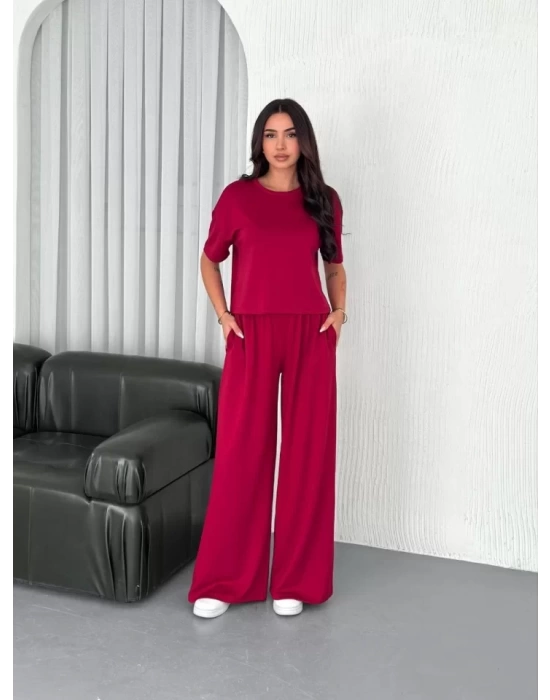 Osy Modal Yumuşak Dokulu Kumaş Bisiklet Yaka T-shirt Bol Paça Pantalon Ikili Takım -Bordo