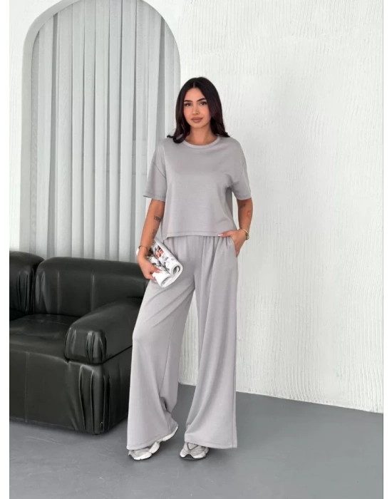 Osy Modal Yumuşak Dokulu Kumaş Bisiklet Yaka T-shirt  Bol Paça Pantalon Ikili Takım - Boyalı Gri