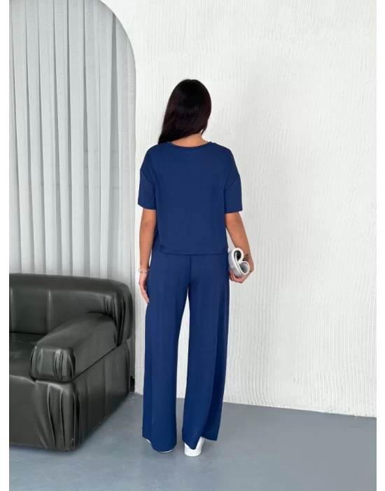 Osy Modal Yumuşak Dokulu Kumaş Bisiklet Yaka T-shirt Bol Paça Pantalon Ikili Takım -Saks Mavi