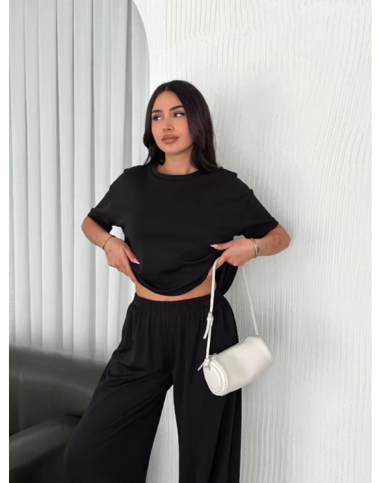 Osy Modal Yumuşak Dokulu Kumaş Bisiklet Yaka T-shirt Bol Paça Pantalon Ikili Takım -Siyah