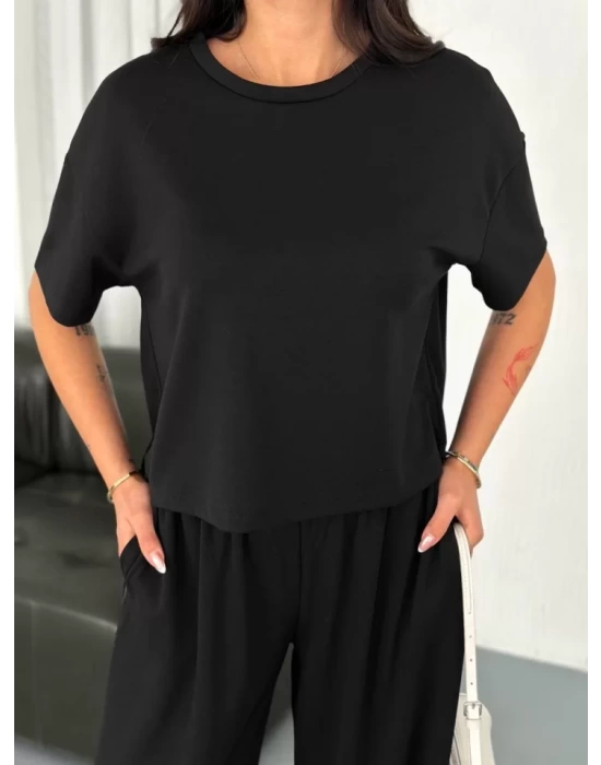 Osy Modal Yumuşak Dokulu Kumaş Bisiklet Yaka T-shirt Bol Paça Pantalon Ikili Takım -Siyah