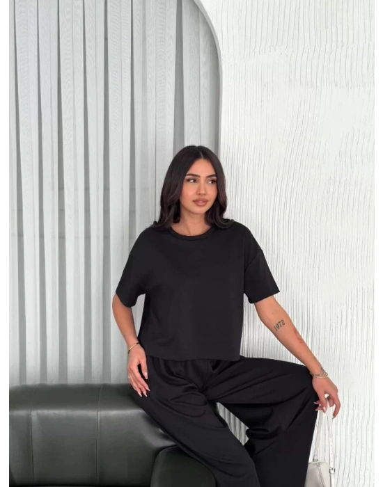 Osy Modal Yumuşak Dokulu Kumaş Bisiklet Yaka T-shirt Bol Paça Pantalon Ikili Takım -Siyah