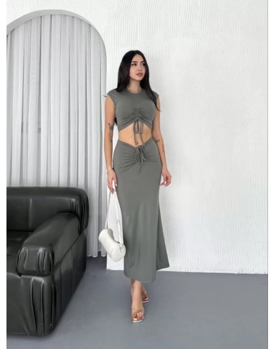 Osy Modal Yumuşak Dokulu Kumaş Büzgülü Crop Etek Takım - Mint Yeşili