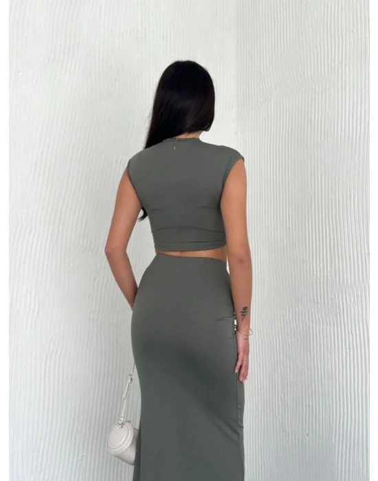 Osy Modal Yumuşak Dokulu Kumaş Büzgülü Crop Etek Takım - Mint Yeşili