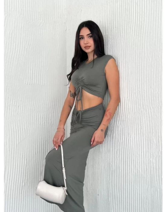 Osy Modal Yumuşak Dokulu Kumaş Büzgülü Crop Etek Takım - Mint Yeşili