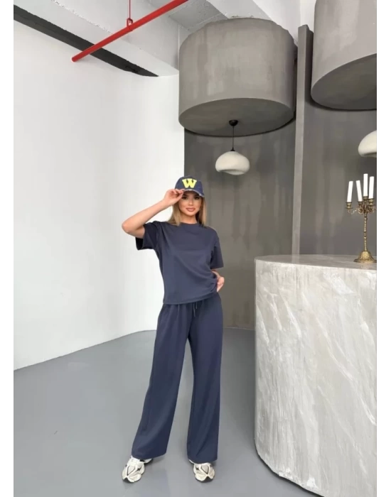 Osy Modal Yumuşak Dokulu Kumaş Kısa Kollu Bluz Rahat Pantalon Ikili Takım- Füme