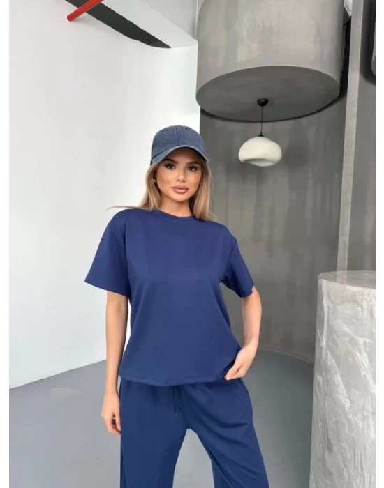 Osy Modal Yumuşak Dokulu Kumaş Kısa Kollu Bluz Rahat Pantalon Ikili Takım- Lacivert