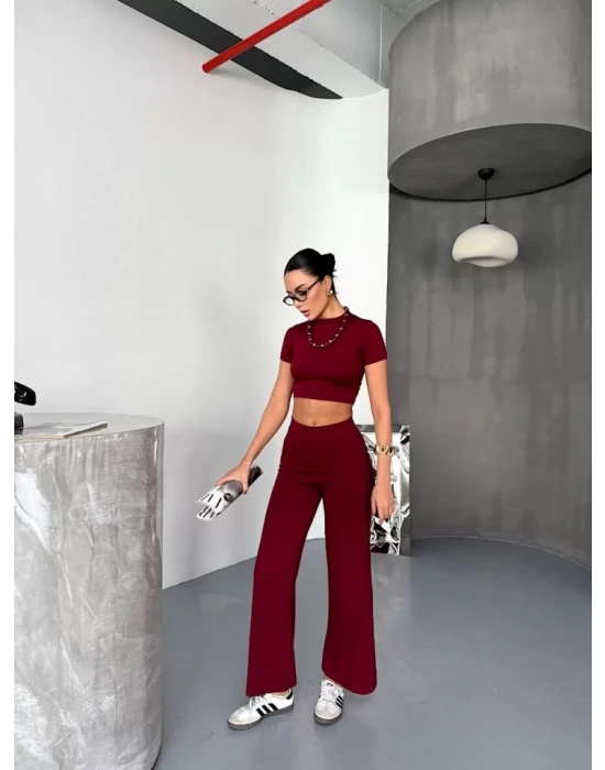 Osy Modal Yumuşak Dokulu Kumaş Kısa Kollu Crop Alt Ispanyol Paça Pantalon Ikili Takım - Bordo
