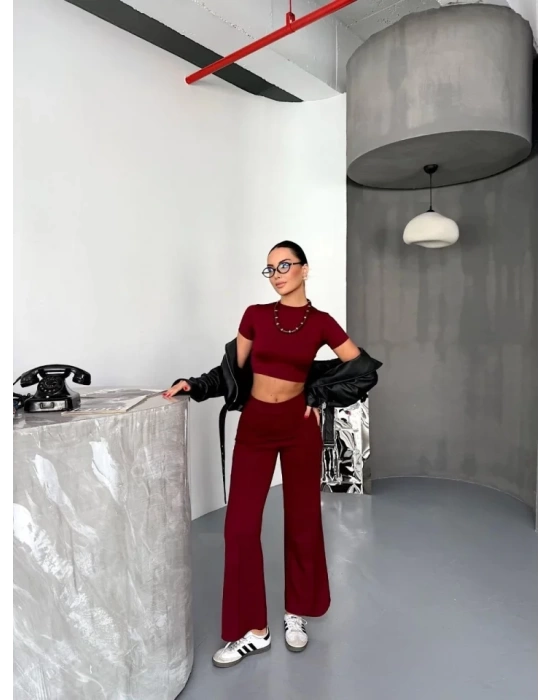 Osy Modal Yumuşak Dokulu Kumaş Kısa Kollu Crop Alt Ispanyol Paça Pantalon Ikili Takım - Bordo