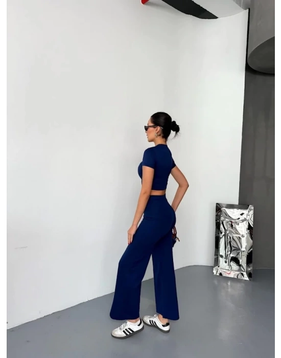 Osy Modal Yumuşak Dokulu Kumaş Kısa Kollu Crop Alt Ispanyol Paça Pantalon Ikili Takım - Lacivert