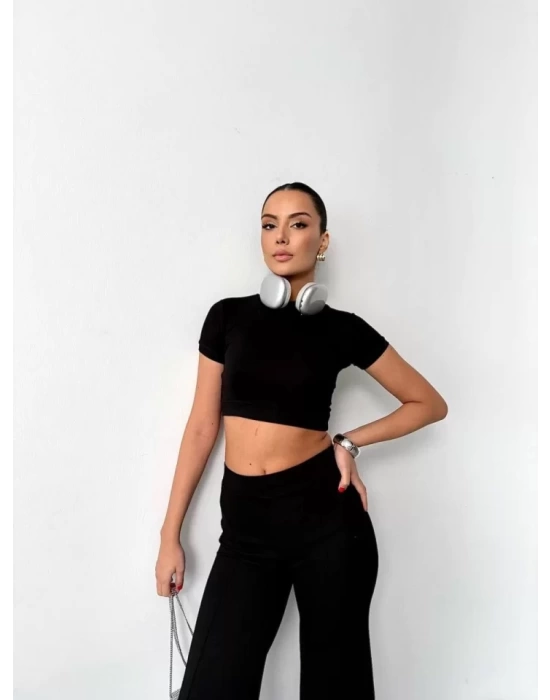 Osy Modal Yumuşak Dokulu Kumaş Kısa Kollu Crop Alt Ispanyol Paça Pantalon Ikili Takım - Siyah