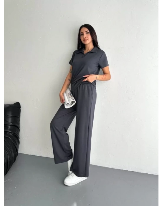 Osy Modal Yumuşak Dokulu Kumaş Kısa Kollu Yakalı T-shirt Pantalon Ikili Takım- Antrasit
