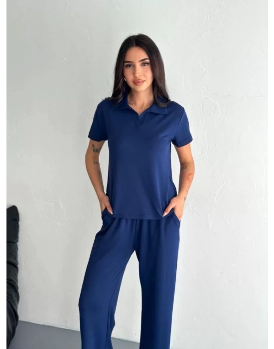 Osy Modal Yumuşak Dokulu Kumaş Kısa Kollu Yakalı T-shirt Pantalon Ikili Takım- Lacivert