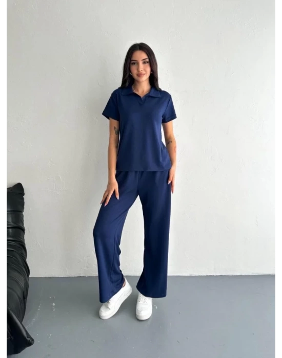 Osy Modal Yumuşak Dokulu Kumaş Kısa Kollu Yakalı T-shirt Pantalon Ikili Takım- Lacivert