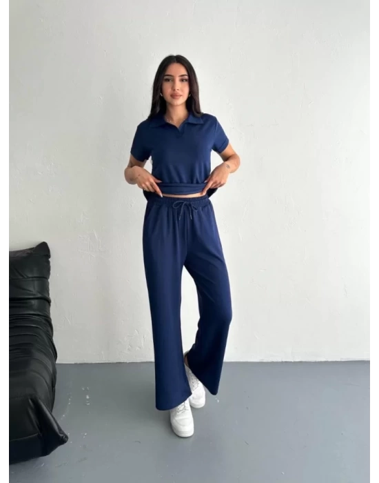 Osy Modal Yumuşak Dokulu Kumaş Kısa Kollu Yakalı T-shirt Pantalon Ikili Takım- Lacivert