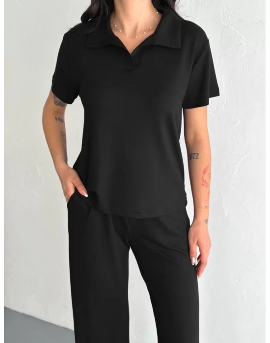 Osy Modal Yumuşak Dokulu Kumaş Kısa Kollu Yakalı T-shirt Pantalon Ikili Takım- Siyah