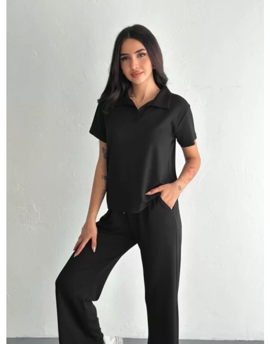 Osy Modal Yumuşak Dokulu Kumaş Kısa Kollu Yakalı T-shirt Pantalon Ikili Takım- Siyah