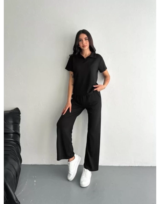 Osy Modal Yumuşak Dokulu Kumaş Kısa Kollu Yakalı T-shirt Pantalon Ikili Takım- Siyah