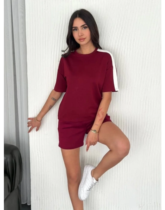 Osy Modal Yumuşak Dokulu Kumaş Parçalı Bisiklet Yaka T-shirt Kısa Şort İkili Takım -  Bordo