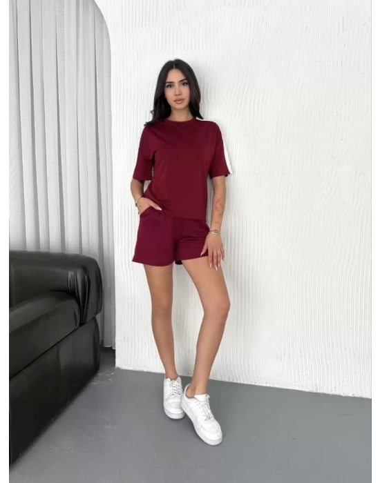 Osy Modal Yumuşak Dokulu Kumaş Parçalı Bisiklet Yaka T-shirt Kısa Şort İkili Takım -  Bordo