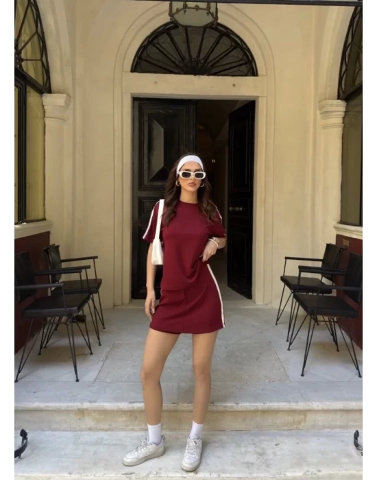 Osy Modal Yumuşak Dokulu Kumaş Parçalı Bisiklet Yaka T-shirt Mini Şortlu Etek İkili Takım -Bordo