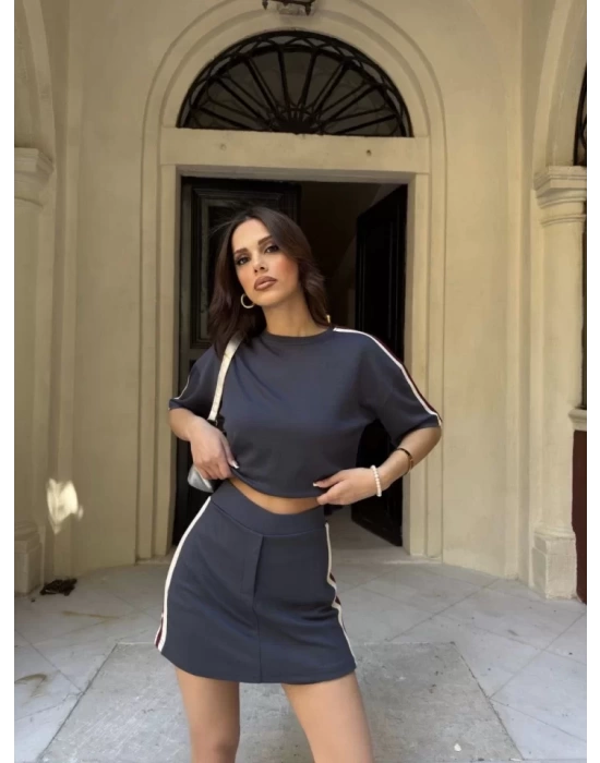 Osy Modal Yumuşak Dokulu Kumaş Parçalı Bisiklet Yaka T-shirt Mini Şortlu Etek İkili Takım - Füme