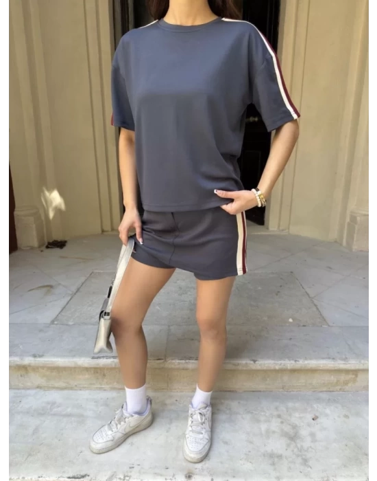 Osy Modal Yumuşak Dokulu Kumaş Parçalı Bisiklet Yaka T-shirt Mini Şortlu Etek İkili Takım - Füme
